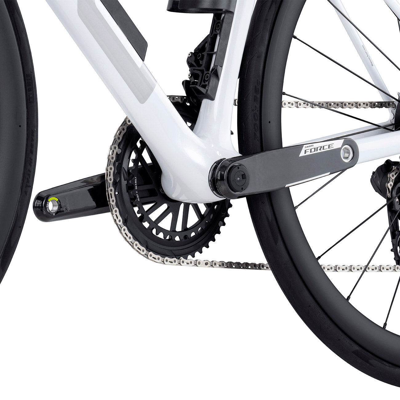 foto dettaglio zona guarnitura in carbonio sram force con misuratore di potenza