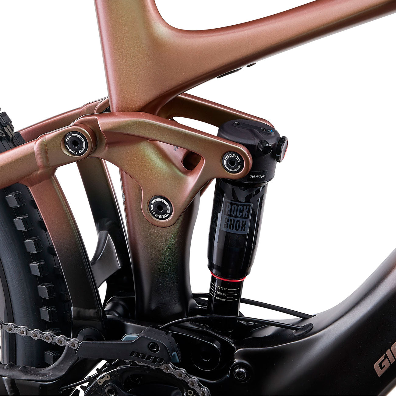 fotodettaglio ammortizzatore rock shox Giant Trance X Advanced E+ Elite 3 bicicletta in carbonio e-bike Mtb